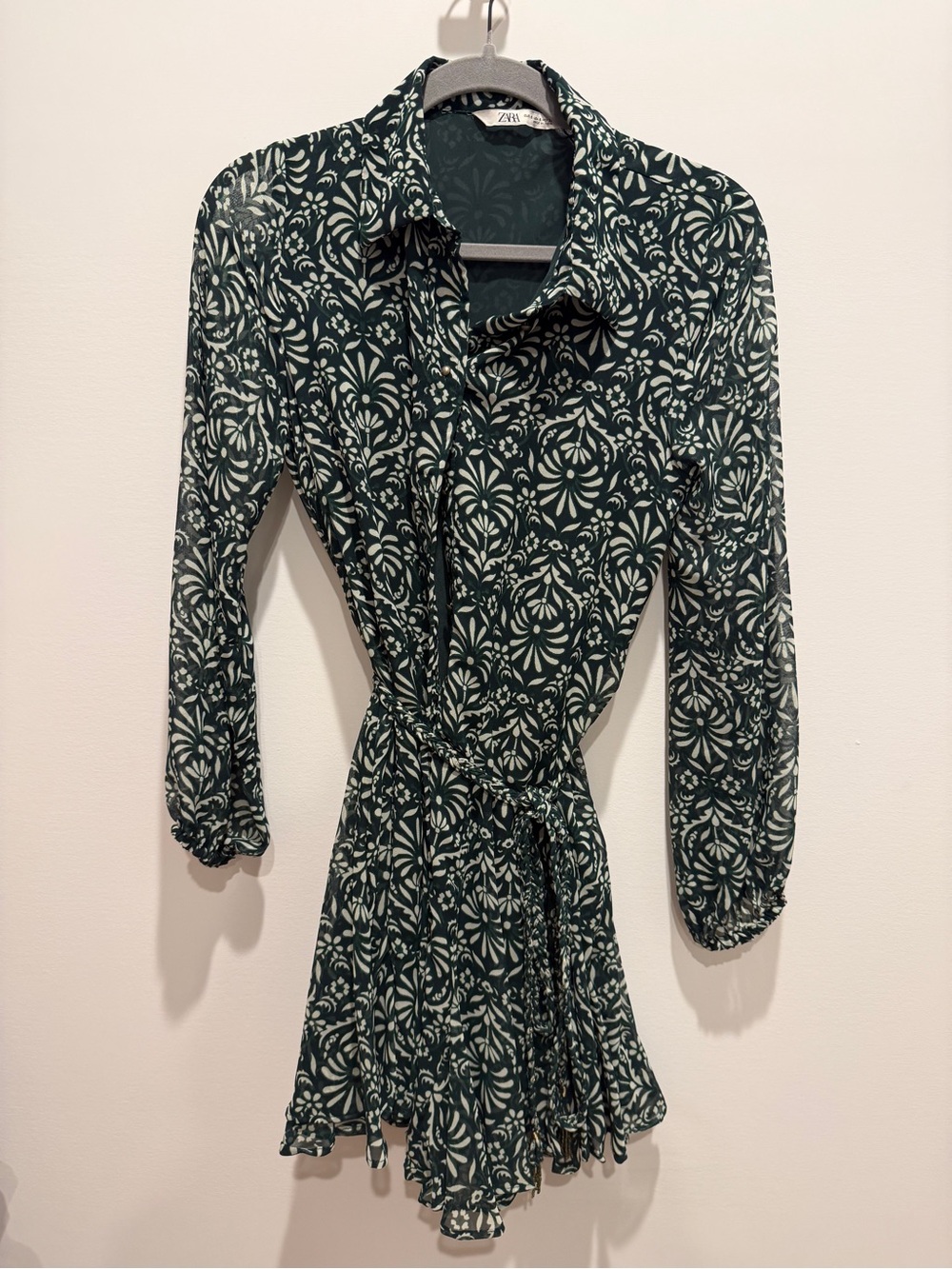 Zara Dark Green and White Floral Mini Dress